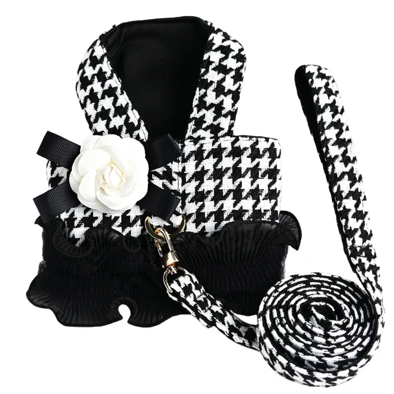 Luxury Pet Harness Leash Set Classic Dog Skirt Clothes with Flower Bowknot for Small Medium Dogs Cats