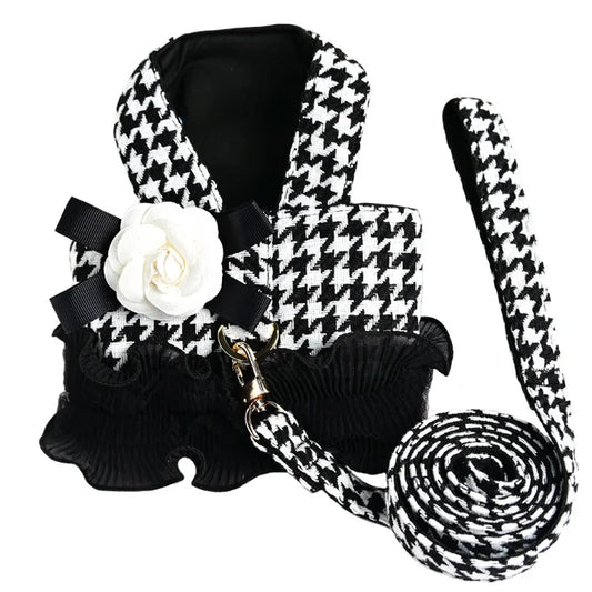Luxury Pet Harness Leash Set Classic Dog Skirt Clothes with Flower Bowknot for Small Medium Dogs Cats