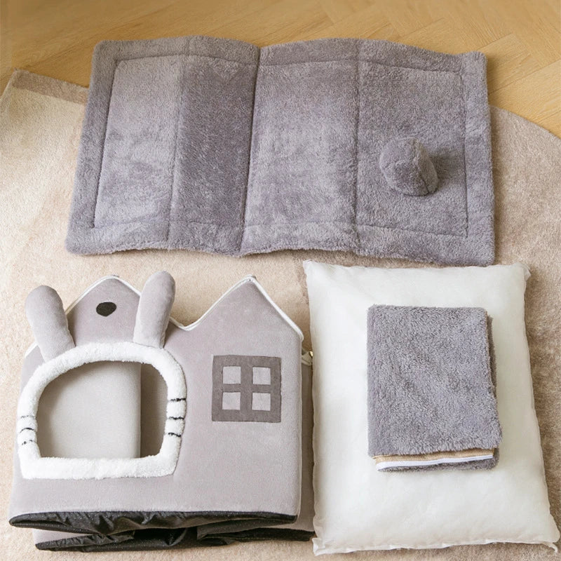 Foldable Luxury Pet House with Detachable Mat for Winter Warmth Dog Cave Sofa Pet Bed House Suitable for Small Medium-Sized Pets