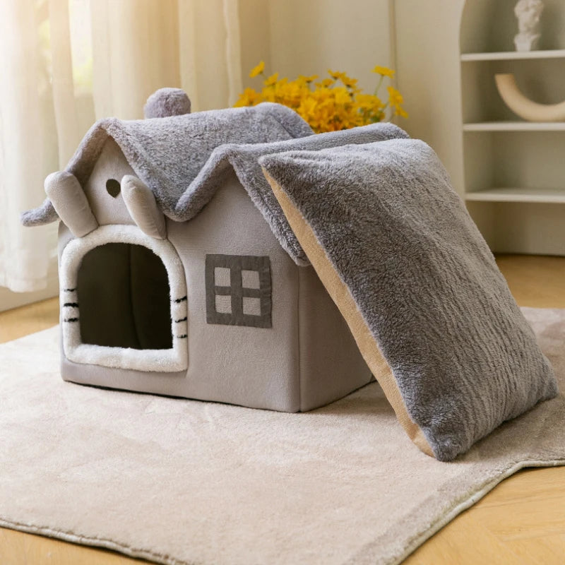 Foldable Luxury Pet House with Detachable Mat for Winter Warmth Dog Cave Sofa Pet Bed House Suitable for Small Medium-Sized Pets